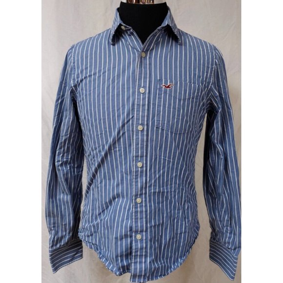 Hollister California Pacific Merch Medium Blue White Stripe Long Sleeve Shirt - Picture 1 of 11